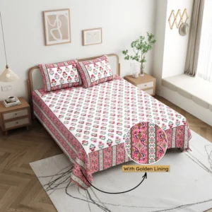 Jaipur Floral Block Print Pure Cotton Bedding Set with Golden Lining Finish